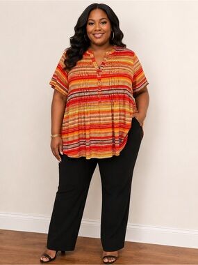 Cocomo Orange and Yellow Striped V-Neck Button Front Tunic